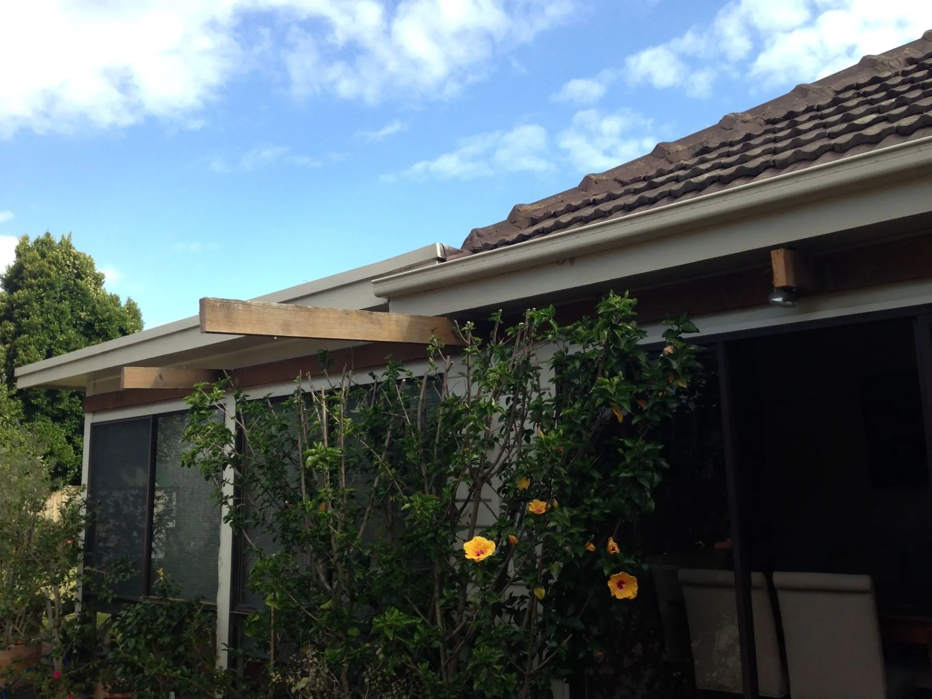 Existing Bentleigh East rear addition with tiled roof, garden, and covered outdoor area